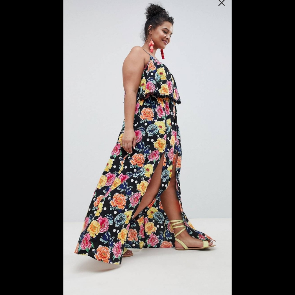 Mixed Spot Floral Double Layer Maxi w/Pom Pom Trim